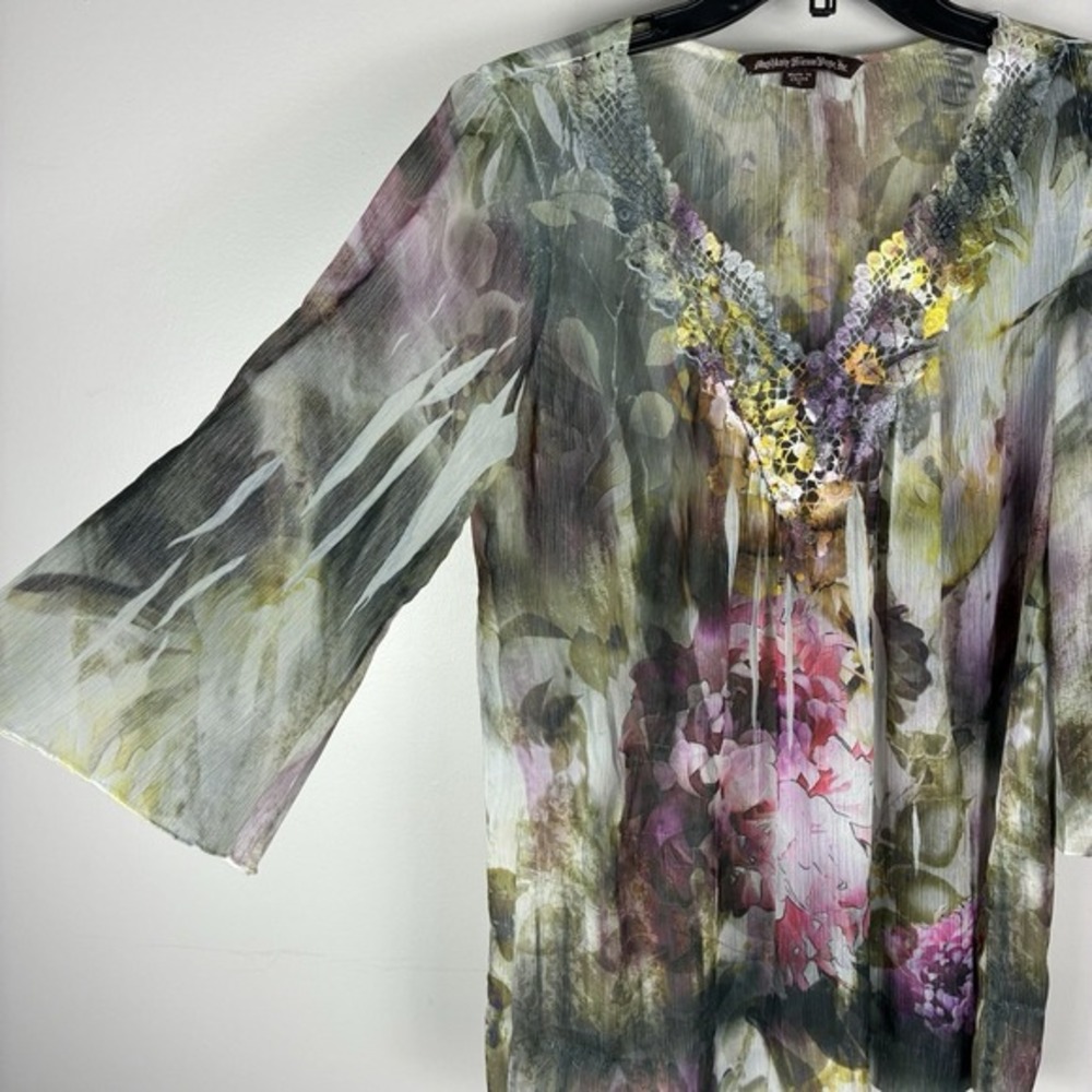 Womens Y2K Sheer Forest Fairy Colorful Top Small 3/4 Sleeve Gypsy Boho Whimsy - Picture 2 of 9